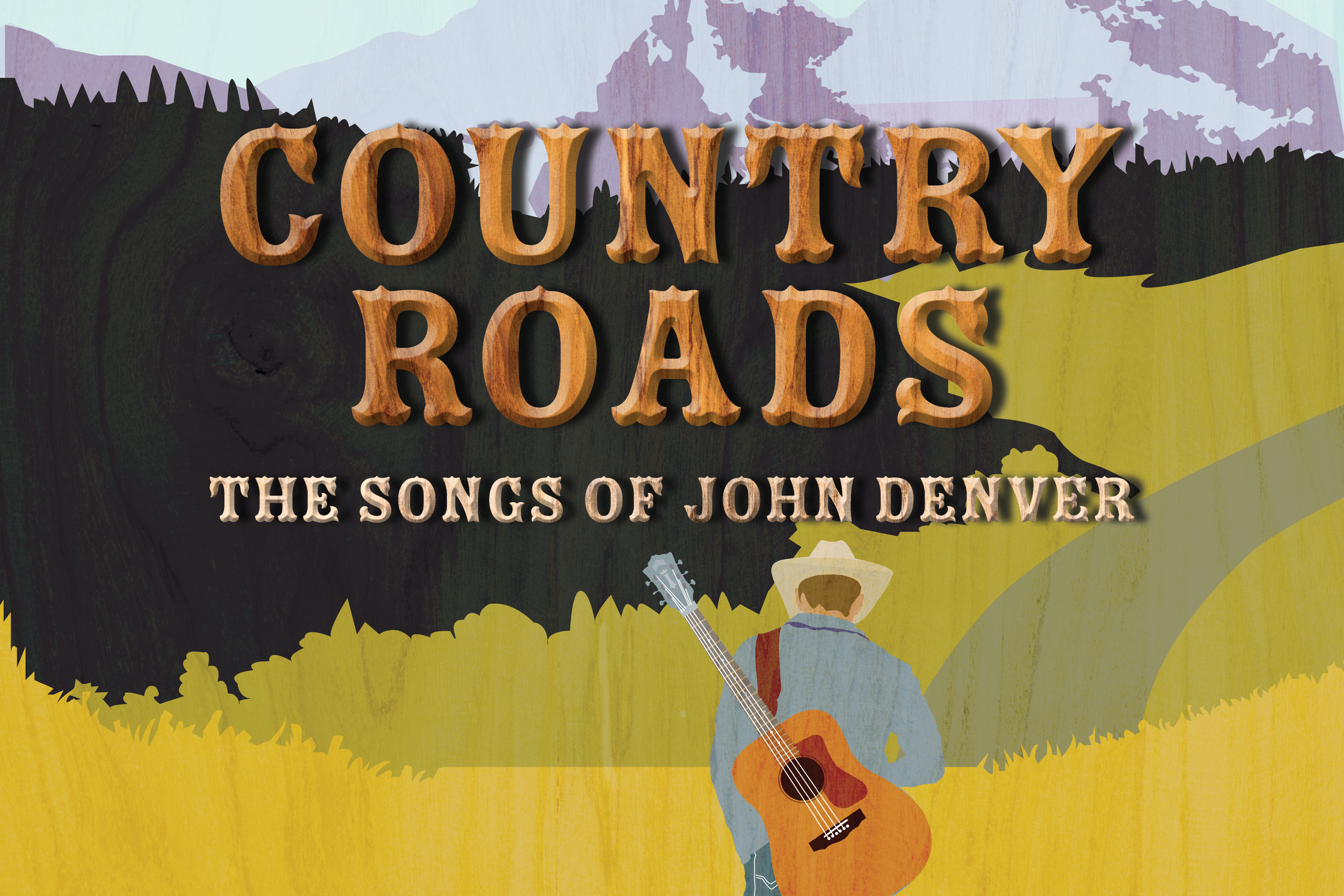 "Country Road: The Songs of John Denver" displayed in bold white text on a sparkling, bokeh-effect background with various shades of blue, purple, and gold